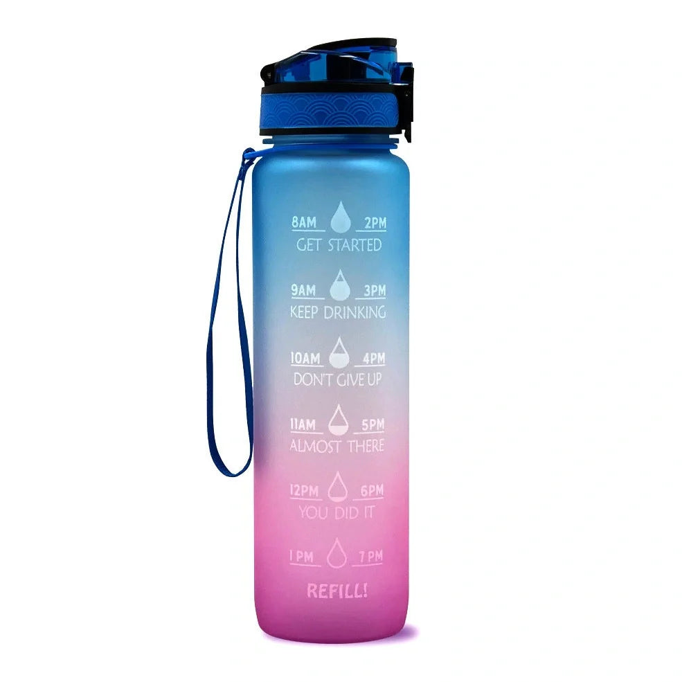 Tritan sports water bottle with frosted gradient finish showing blue-red colour transition