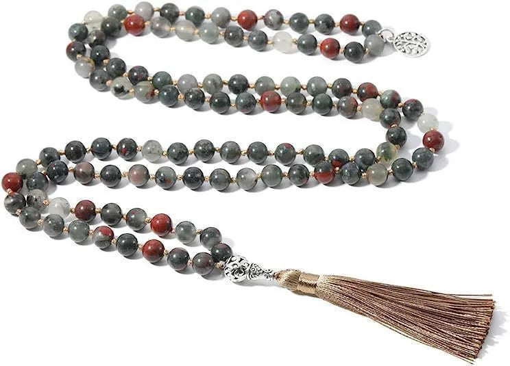 Handmade long stone beaded necklace with 108 8mm beads in a choice of 12 natural colours.