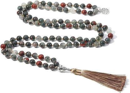 Handmade long stone beaded necklace with 108 8mm beads in a choice of 12 natural colours.
