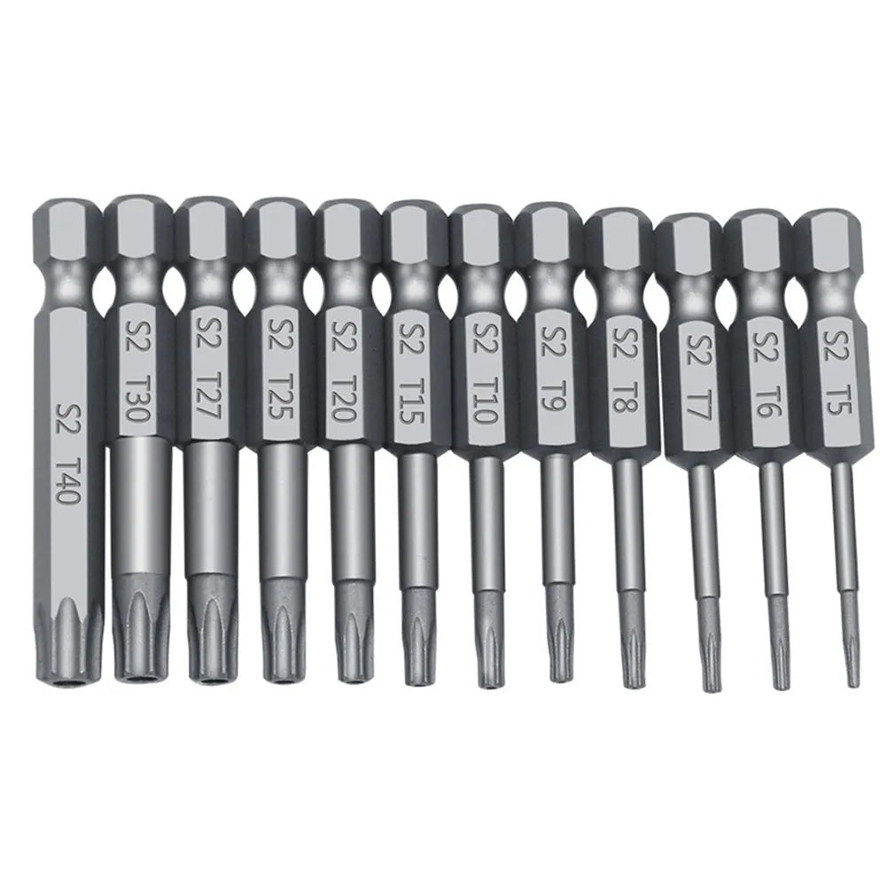 Hexagon handle alloy screwdriver bit set showing 50mm, 75mm, and 100mm lengths for Type 0 plum blossom hollow screws.