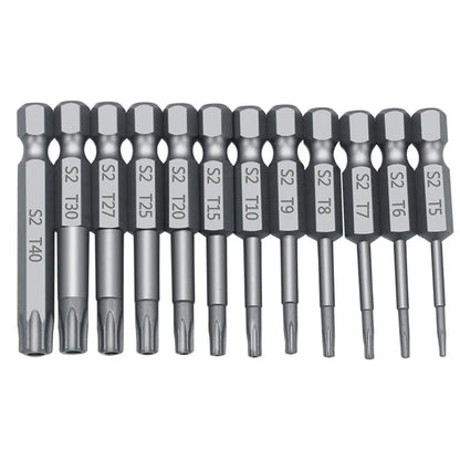 Hexagon handle alloy screwdriver bit set showing 50mm, 75mm, and 100mm lengths for Type 0 plum blossom hollow screws.