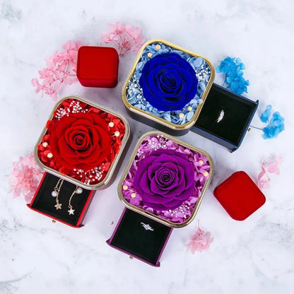 Valentine's Day rose flower drawer jewellery box with preserved eternal flowers and love crystal necklace gift set