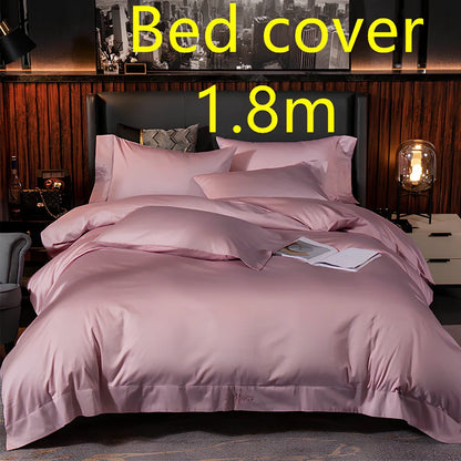 Four-piece cotton bedding set with satin weave fabric showing quilting detail and colour options