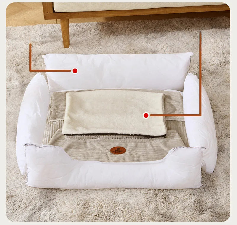 Coffee coloured removable washable pet kennel cushion bed for small medium dogs cats on a wooden floor