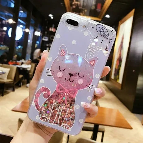Cat phone case with glitter and bright colours for iPhone, showing precise cutouts for camera and ports