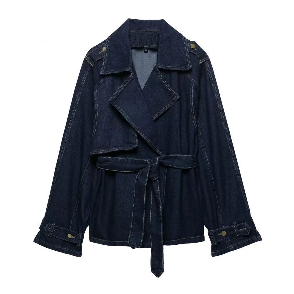 Women's blue denim belted short trench coat with long sleeves and matching wide-leg trousers, sizes S M L