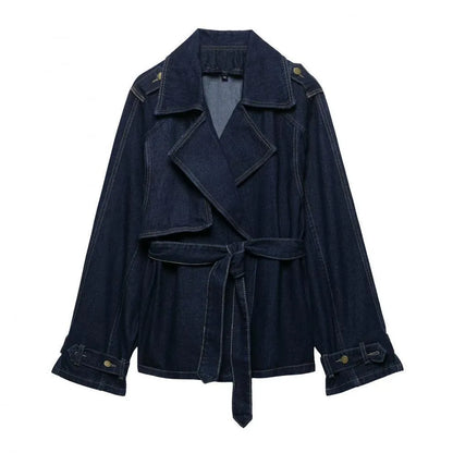 Women's blue denim belted short trench coat with long sleeves and matching wide-leg trousers, sizes S M L