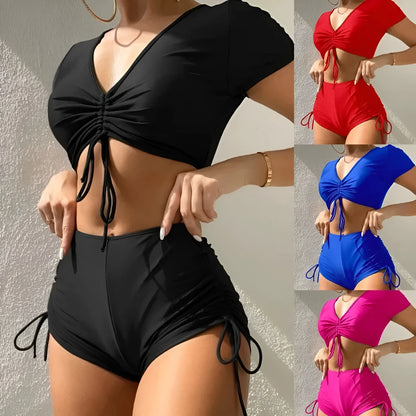 Lady's lace-up bow swimsuit in dark green colour, two-piece set for swimming
