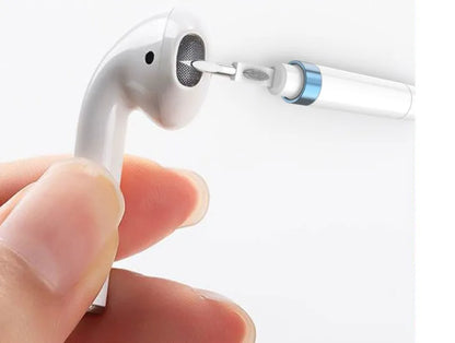 Blue headphone cleaning pen with metal tip, brush, and flocking sponge for electronics