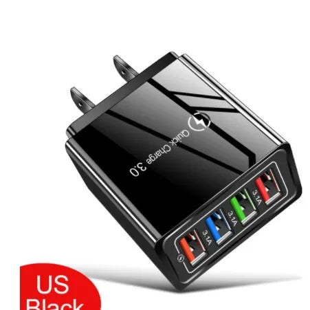 Simple Luminous 4USB mobile phone charger with UK plug showing four USB ports and compact dimensions
