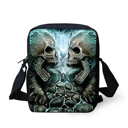 Skull print children's messenger bag with adjustable double straps and zipper closure, shown in a casual setting.