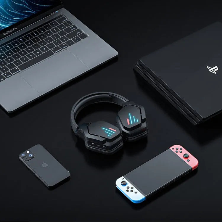 Luminous black wireless gaming headphones showing over-ear design and head-mounted construction