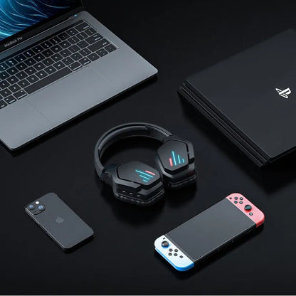 Luminous black wireless gaming headphones showing over-ear design and head-mounted construction