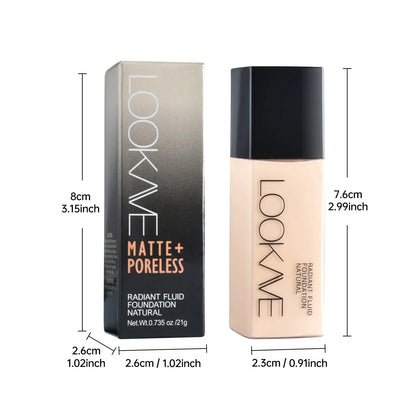LOOKAVE Matte Liquid Foundation bottle showing 21c quantity with six colour shade options for waterproof coverage