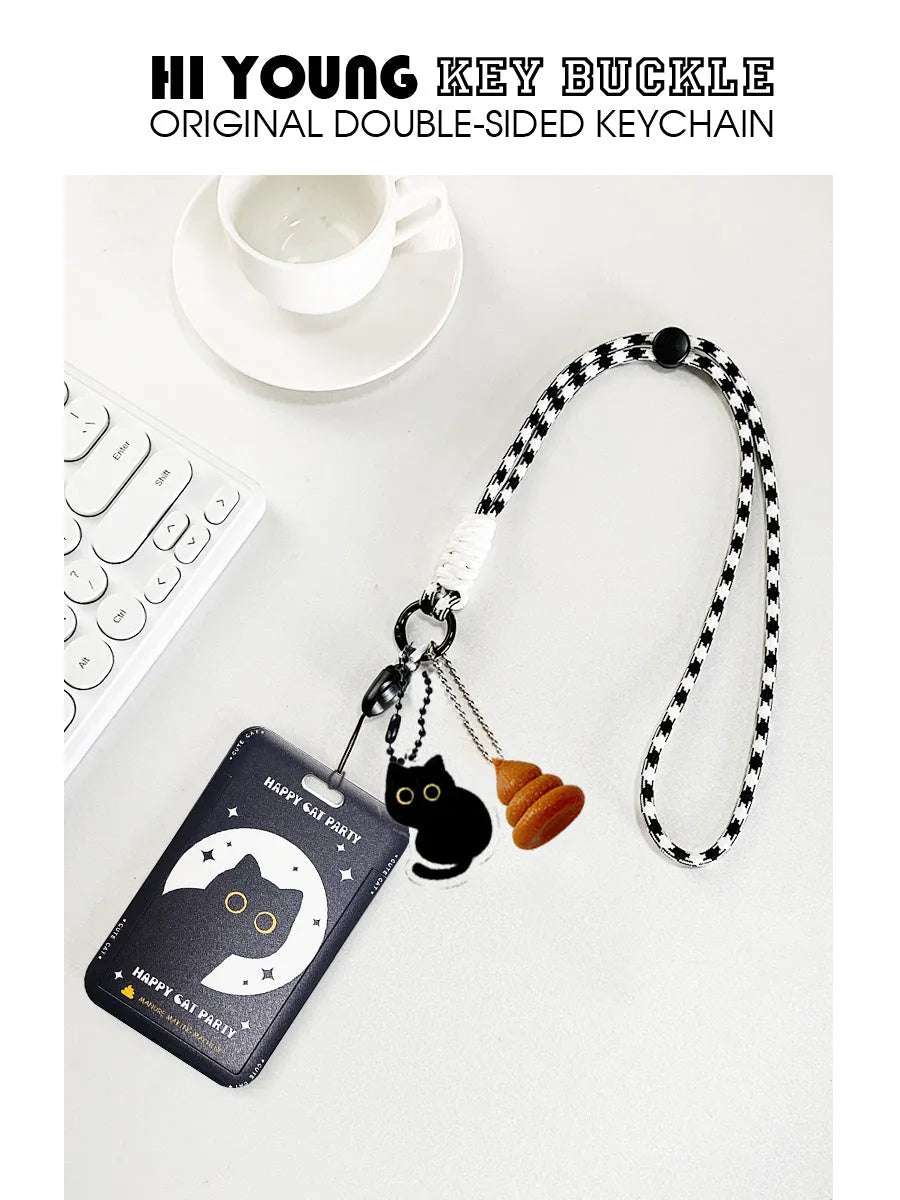 Cartoon cat design plastic card holder sleeve with a metal ferrule pendant clip attached.