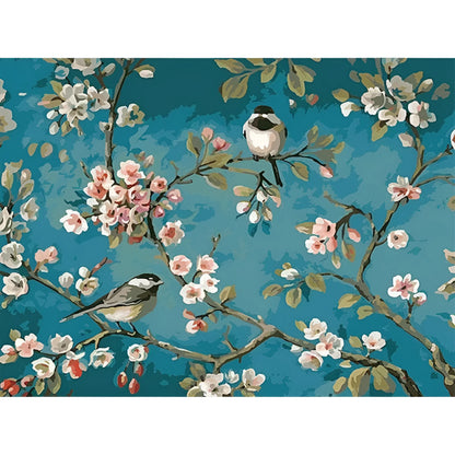 Hand-painted abstract oil painting of blue flowers and birds on a linen canvas, unframed.