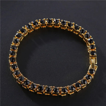 Men's silver alloy link bracelet with a row of clear rhinestones, shown on a wrist.
