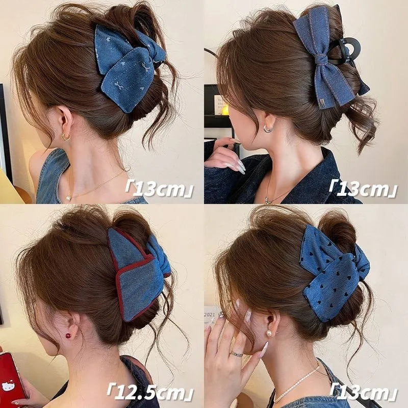 Women's handmade hair clip with denim fabric bow triangle decoration and plastic grip