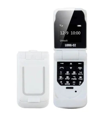 Mini flip mobile phone in gold, shown with flip cover open, on a white background.