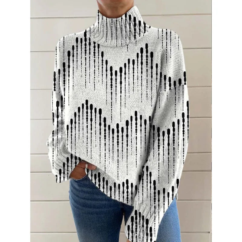 Women's long sleeve casual top with abstract 3D Christmas pattern printing in red and green.