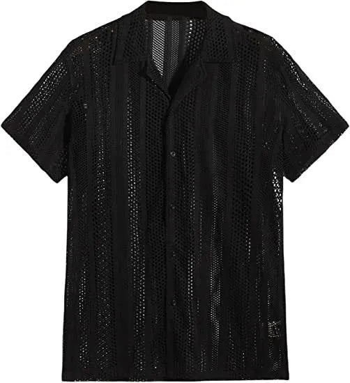 Man wearing a black short-sleeved knitted button-up shirt with a jacquard textured pattern.