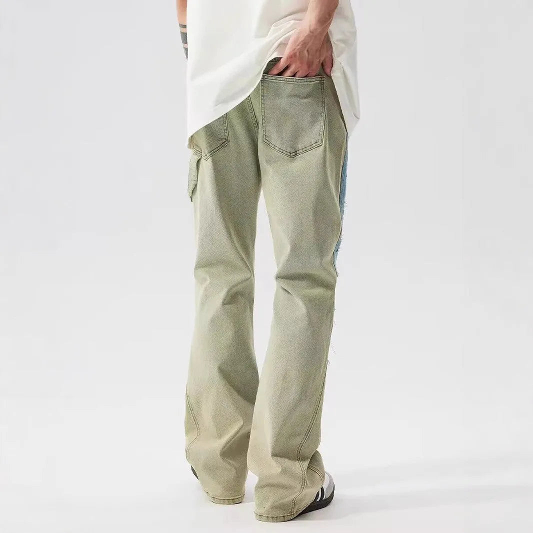 Yellow and blue patchwork splash-ink damaged jeans with mid-waist fit and zip placket
