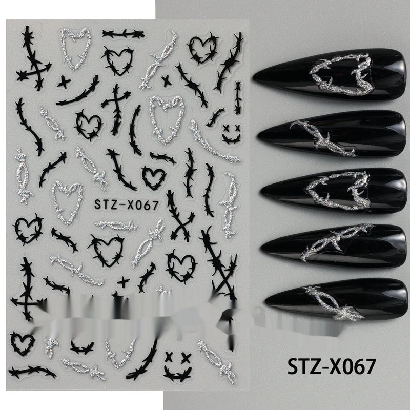 Nail sticker pack with 50 designs in black and silver colourway for simple nail art, including cartoon patterns, sweet styles, French tips, and ins-style motifs, suitable for general use and home application without professional tools.