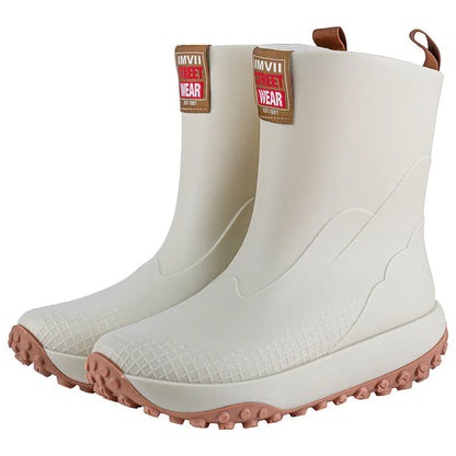 Men's PVC rain boots in beige, brown, black, and black red with plastic soles