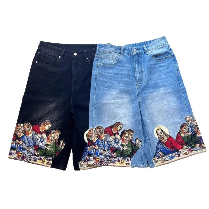 Blue tapered cotton shorts with Jesus print on back pocket