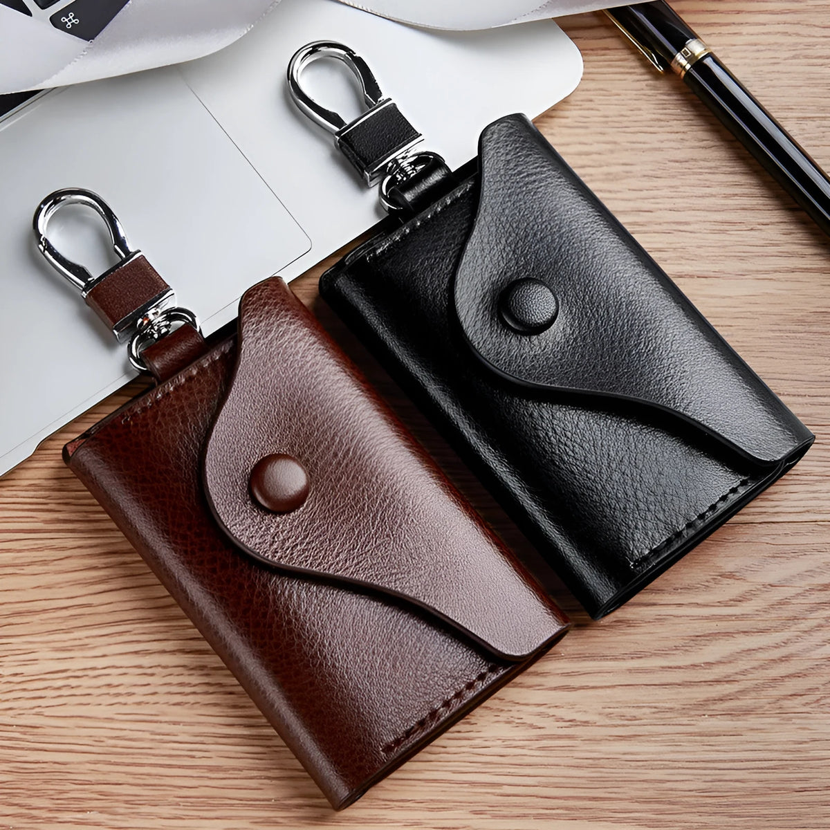 Genuine leather keychain card holder in square vertical design with internal key mapping structure