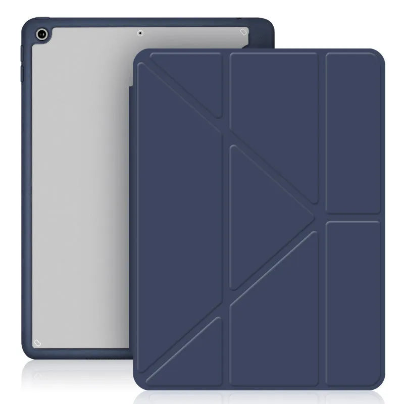 Y-folding imitation leather iPad case in dark grey, showing built-in stand and pen slot.