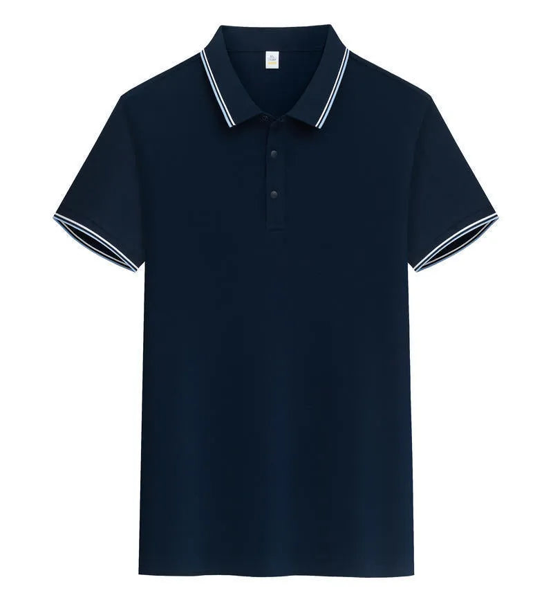 Men's pure cotton short sleeve polo shirt with lapels in a range of colours on a hanger.