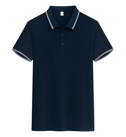 Men's pure cotton short sleeve polo shirt with lapels in a range of colours on a hanger.
