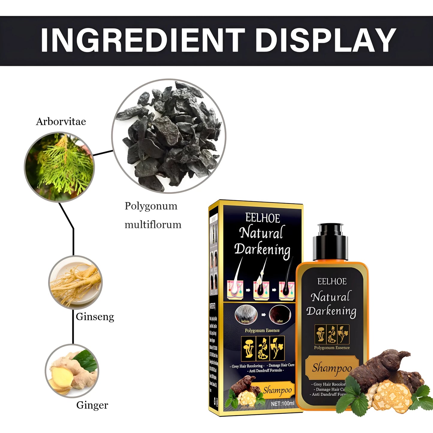 100ml boxed bottle of Polygonum Multiflorum shampoo for white to black hair colour restoration