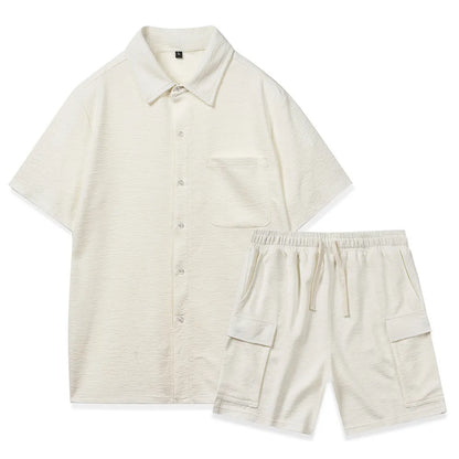 Women's elastic waist shorts set in beige, showing short-sleeve top and matching shorts.