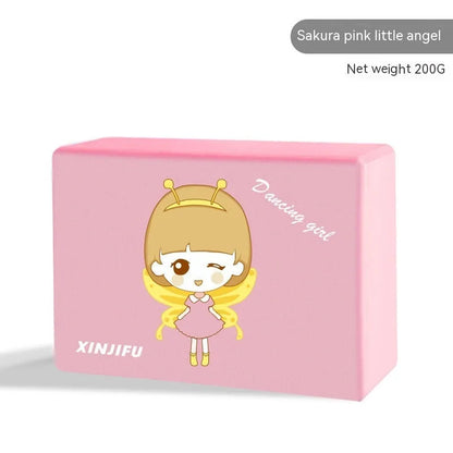 High-density EVA foam yoga block in violet colour, shown next to a pink block with a cartoon bunny print.