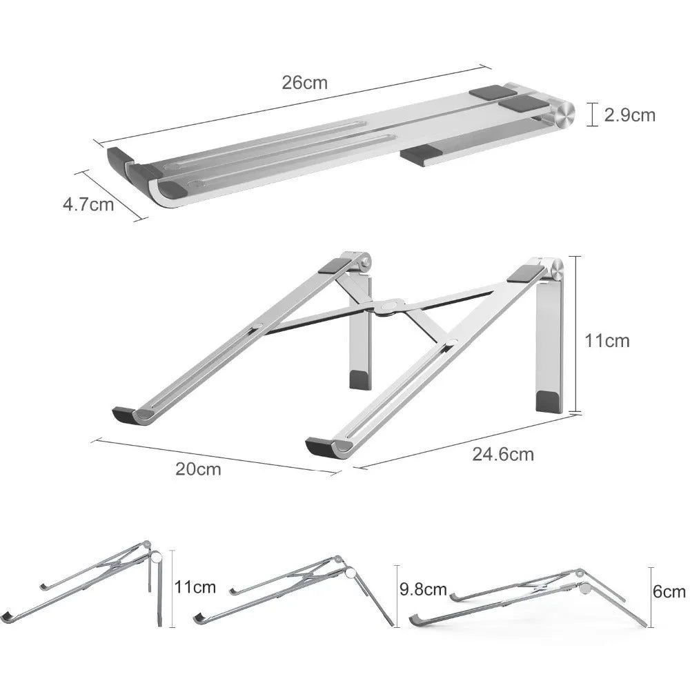 Black aluminium laptop stand on a wooden desk next to a notebook