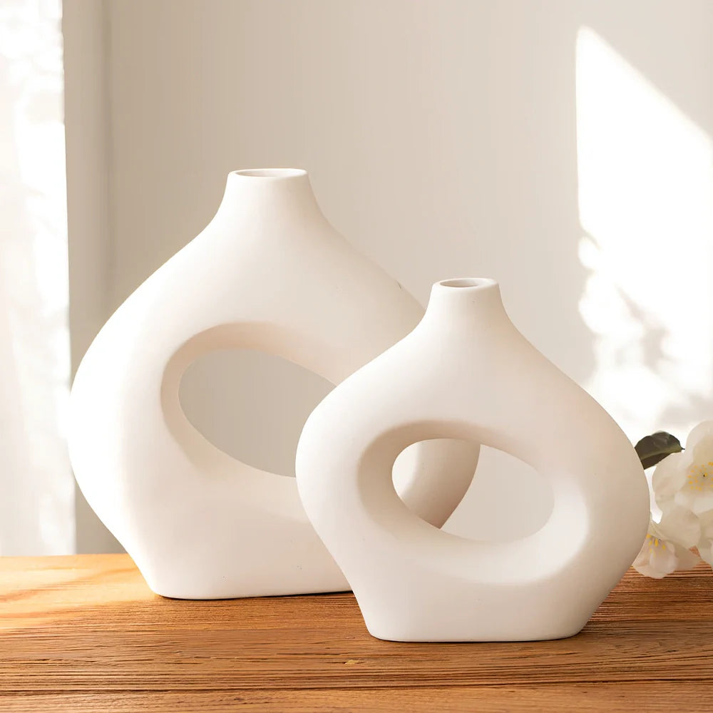 Handmade white medium ceramic circle vase second generation, 18.2cm height with polished glaze for modern decor