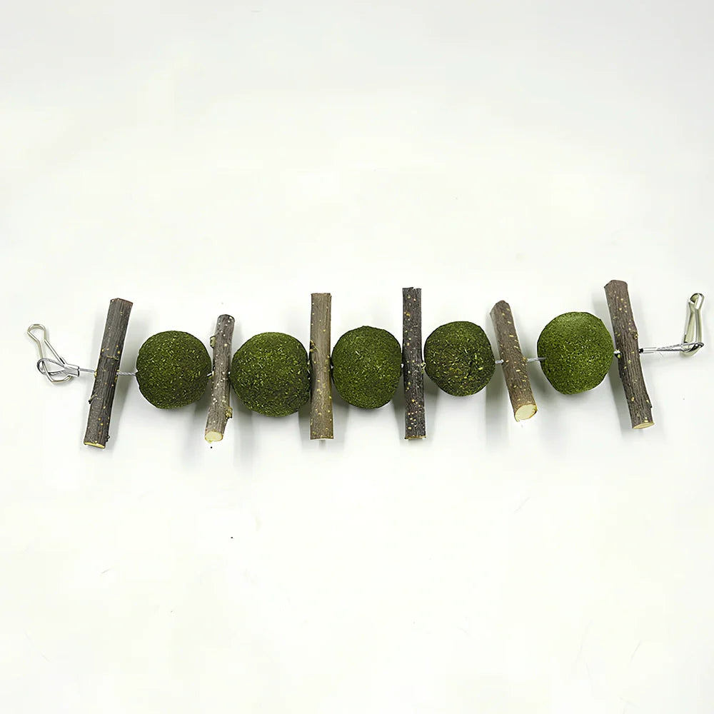 Natural dental chew set with grass balls and apple branches for small pet tooth care