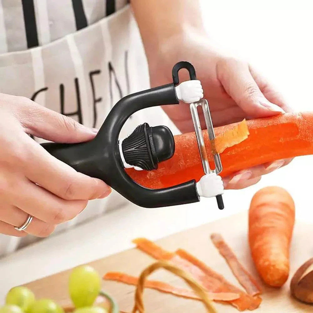 Handy fruit and vegetable peeler with clever character design, made of durable stainless steel for efficient and stylish kitchen prep