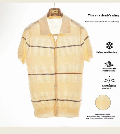 Camel coloured short sleeve lapel cardigan made from a thin linen and cotton knitted fabric.