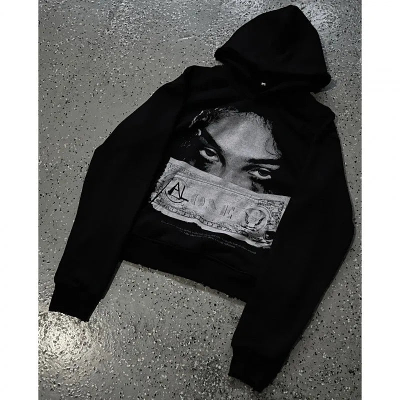 Black women's hooded sweater with printed cartoon design, loose fit casual wear
