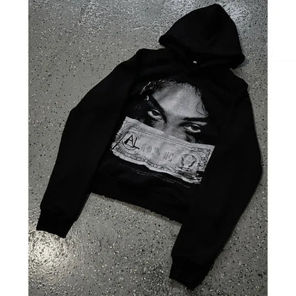 Black women's hooded sweater with printed cartoon design, loose fit casual wear
