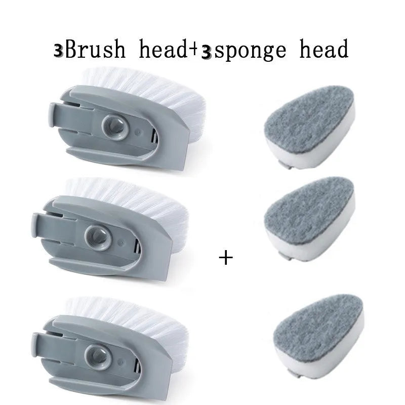 Long-handled 2-in-1 kitchen cleaning brush with removable brush head and integrated sponge