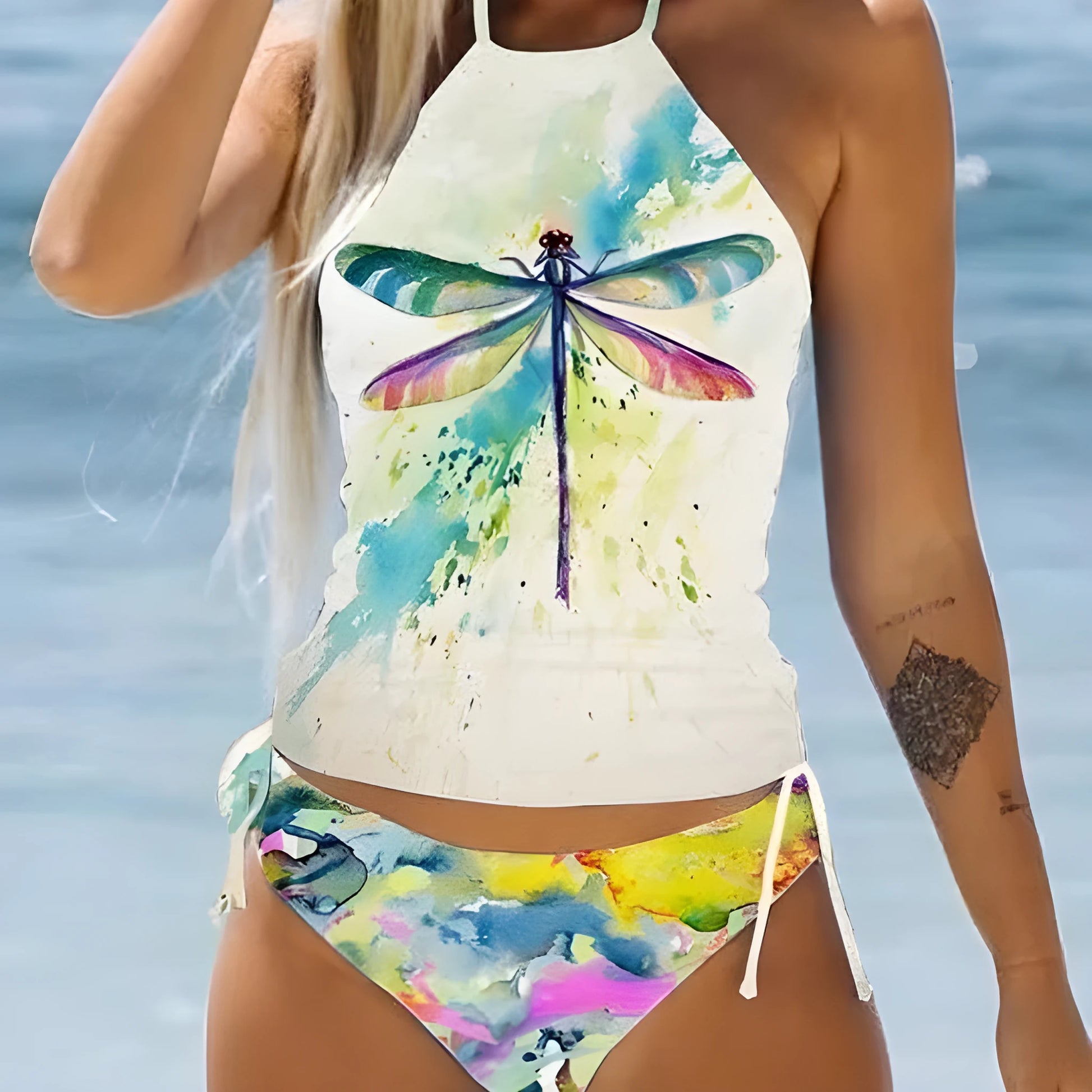 Conservative European and American women's colourful split pattern swimsuit for swimming.