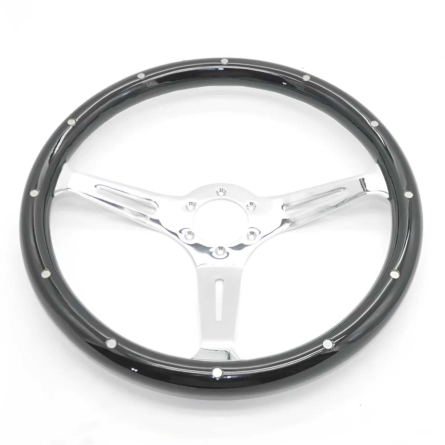 Black classic car steering wheel with peach wood construction and electroplated finish