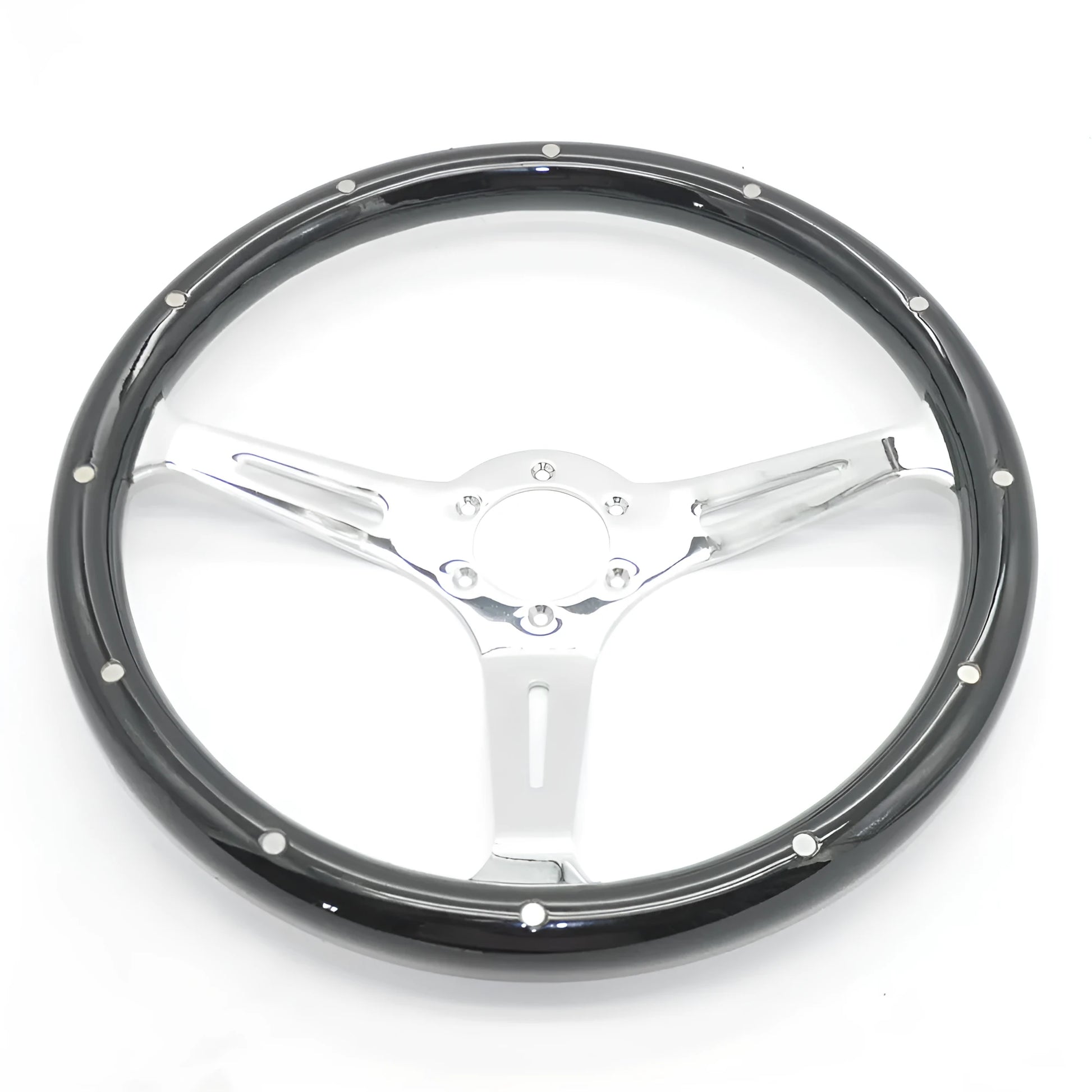 Black classic car steering wheel with peach wood construction and electroplated finish
