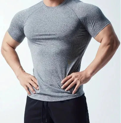 Men's tight-fit stretch quick-drying short sleeve casual t-shirt in grey.