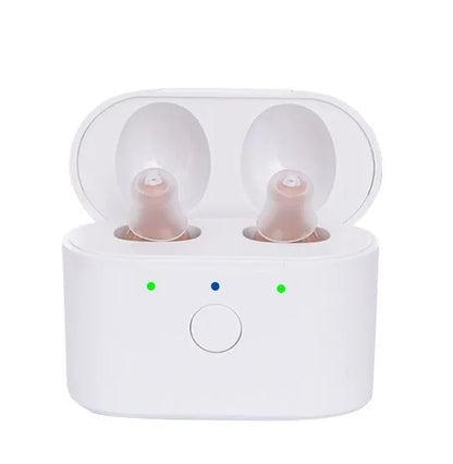 Rechargeable hearing aids with magnetic charging case in beige and red/blue colour options