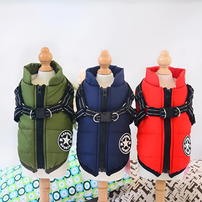 Red waterproof dog coat with built-in harness on a large dog, showing warm lining and sizing for winter.
